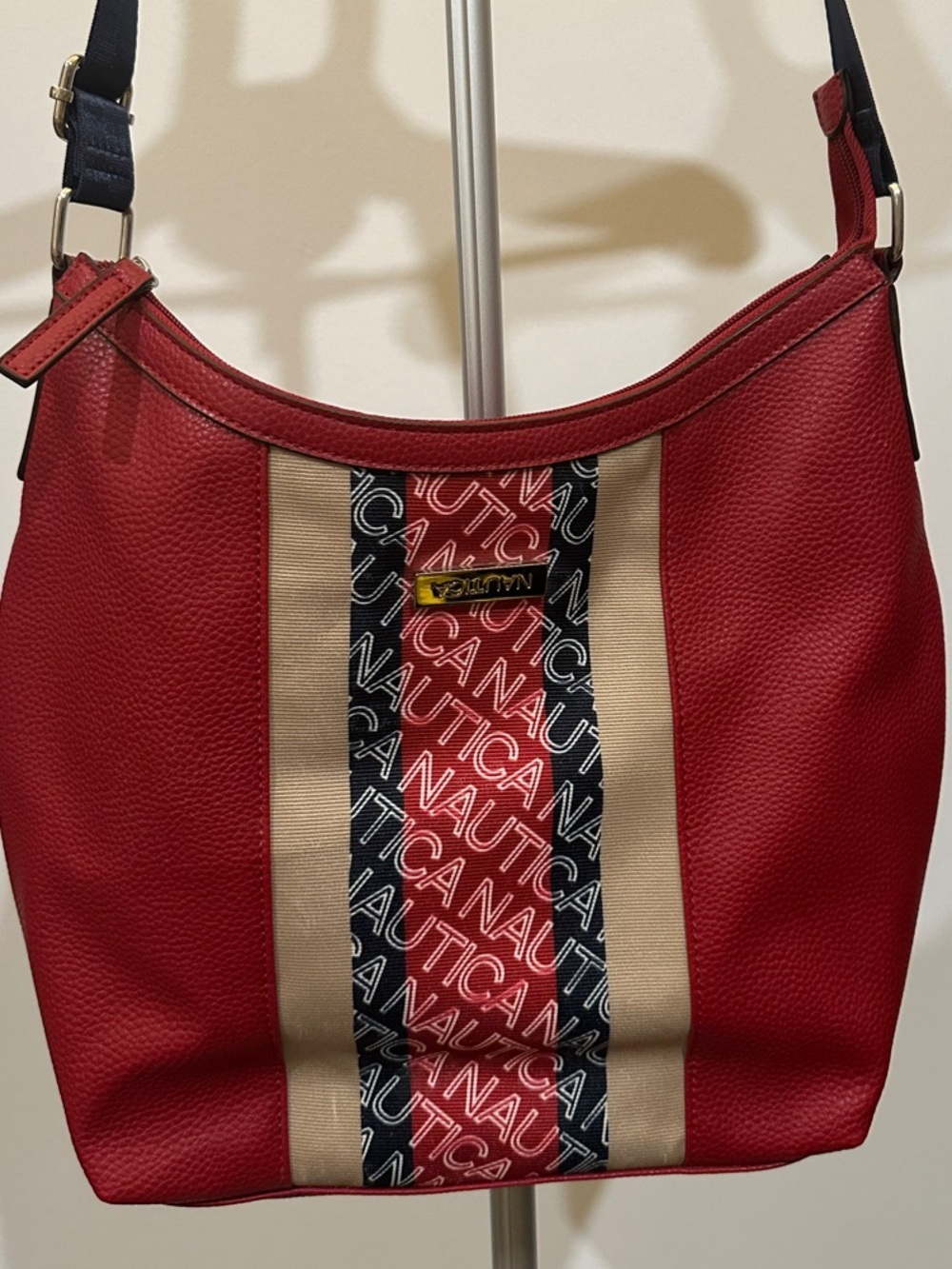Nautica Red Shoulder Bag with Navy & Tan Logo Stripe